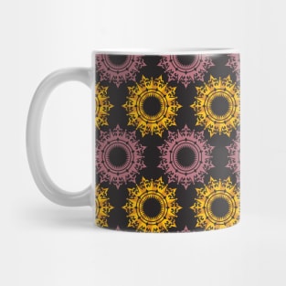 geometric mandala pattern gold and rose pink on black background Mug